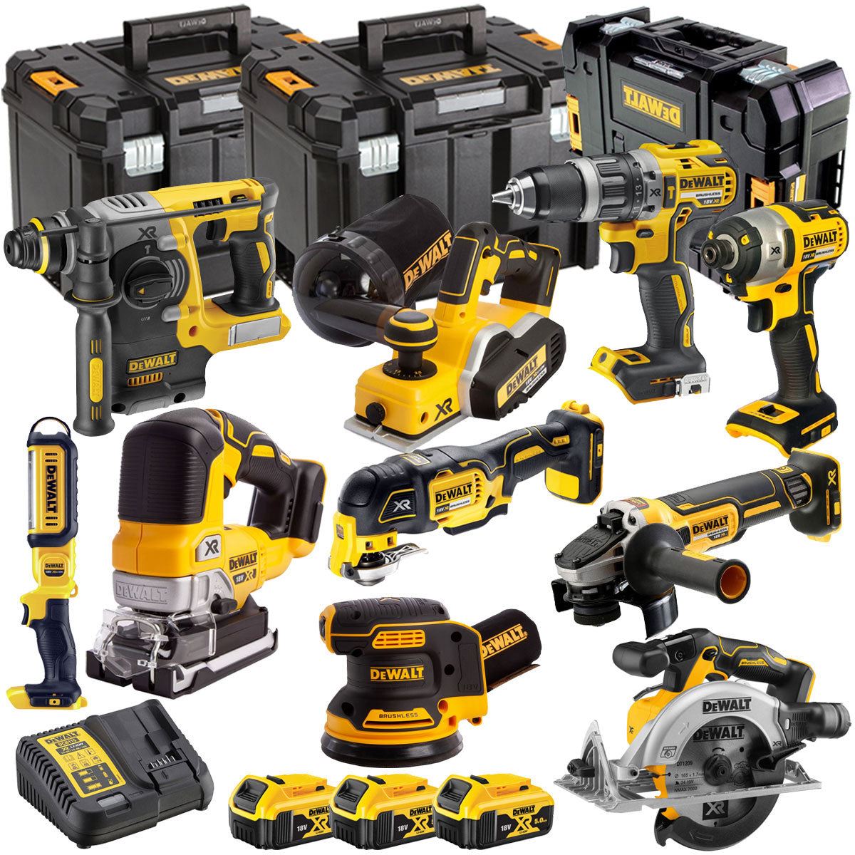 DCKT4T10B3 18V Brushless 10 Piece Kit With 3 x 5.0Ah Battery Charger & TStak Tool Storage