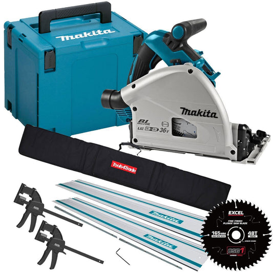 DSP601ZJU 36V Brushless AWS Plunge Saw Body Only with 2 x Guide Rail, Connector, Blade & Clamp Set