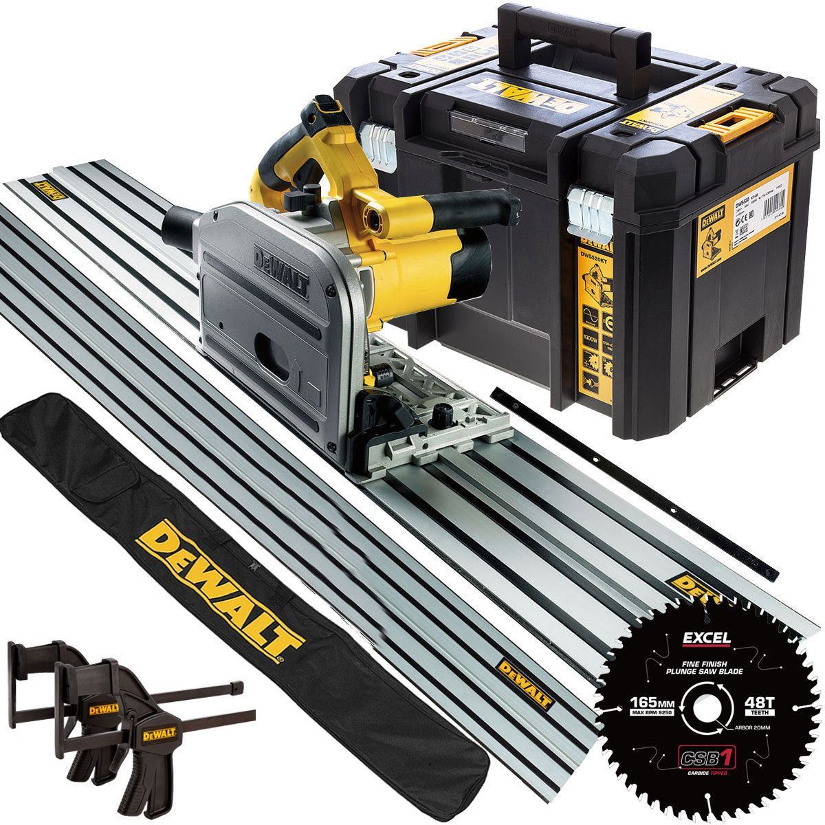 DWS520KT 240V Plunge Saw + 2 x 1.5m Guide Rails Connector Clamps with Blade & Bag