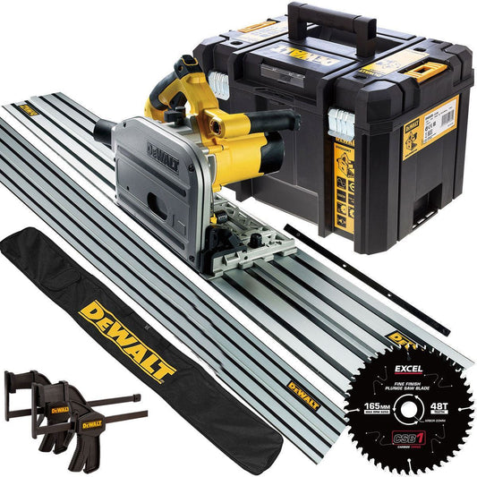 DWS520KT 240V Plunge Saw + 2 x 1.5m Guide Rails Connector Clamps with Blade & Bag
