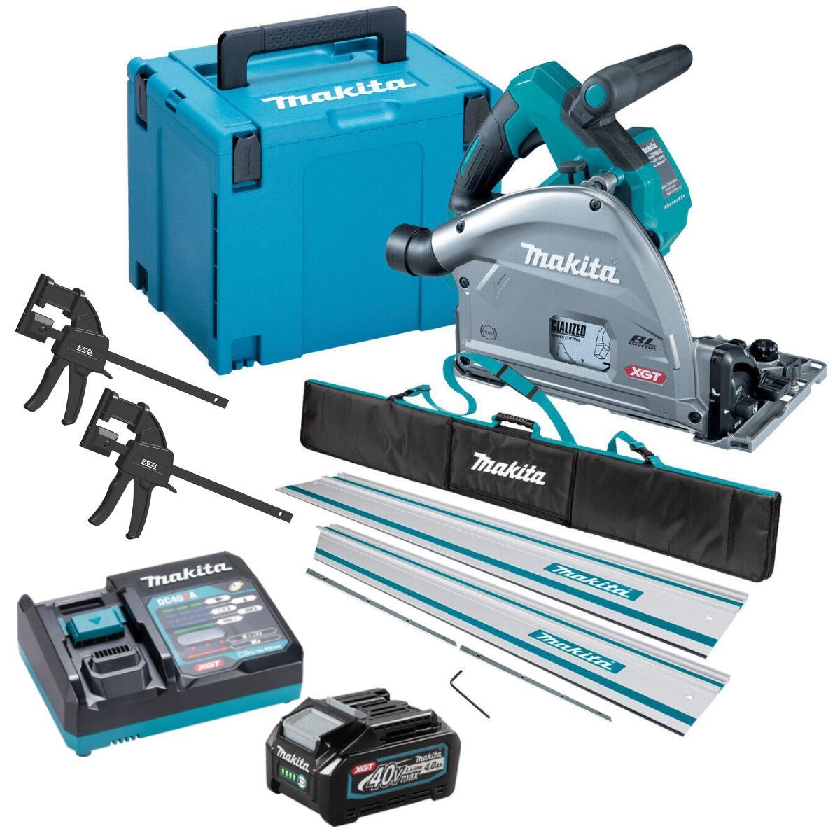 SP001GZ03KIT5 40V Brushless Plunge Saw with 2 x Guide Rail, Connector, Clamp Set & 1 x 4.0Ah Battery Charger