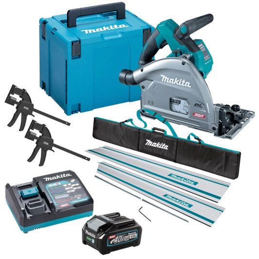 SP001GZ03KIT5 40V Brushless Plunge Saw with 2 x Guide Rail, Connector, Clamp Set & 1 x 4.0Ah Battery Charger