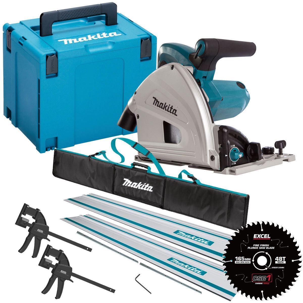 SP6000J2 240V 165mm Plunge Saw + 2 x Rails, Connector Bar, Clamp with Blade & Bag