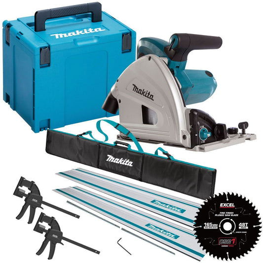 SP6000J2 240V 165mm Plunge Saw + 2 x Rails, Connector Bar, Clamp with Blade & Bag