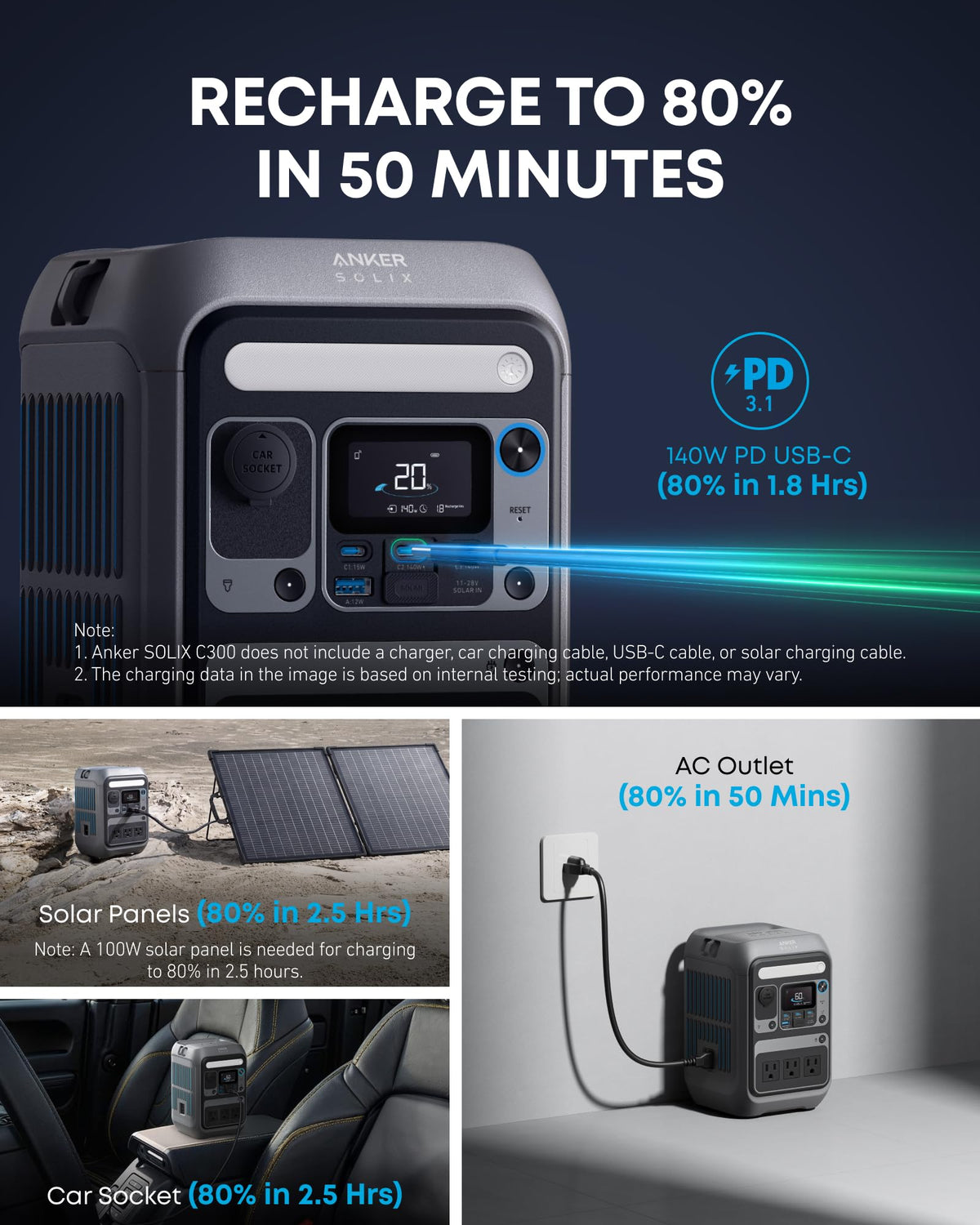 C300 Portable Power Station, 288Wh Solar Generator for Camping