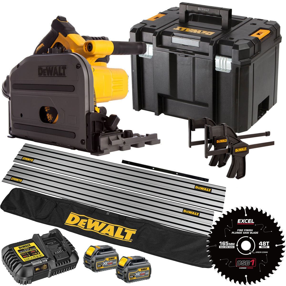 DCS520T2 54V Flexvolt Brushless 165mm Plunge Saw 2 x 6.0Ah Battery Charger Case, Accessories with Blade