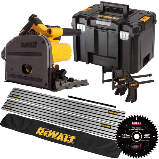 DCS520NT 54V XR Flexvolt Brushless 165mm Plunge Saw 2 x 1.5m Guide Rail Clamps with Blade & Case + Rail Bag